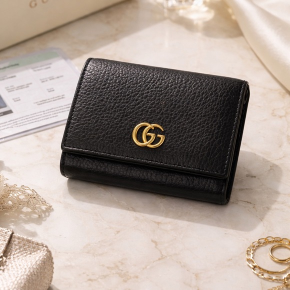 Gucci Handbags - Gucci Marmont Black Leather Trifold Wallet | Gold GG | Authenticated